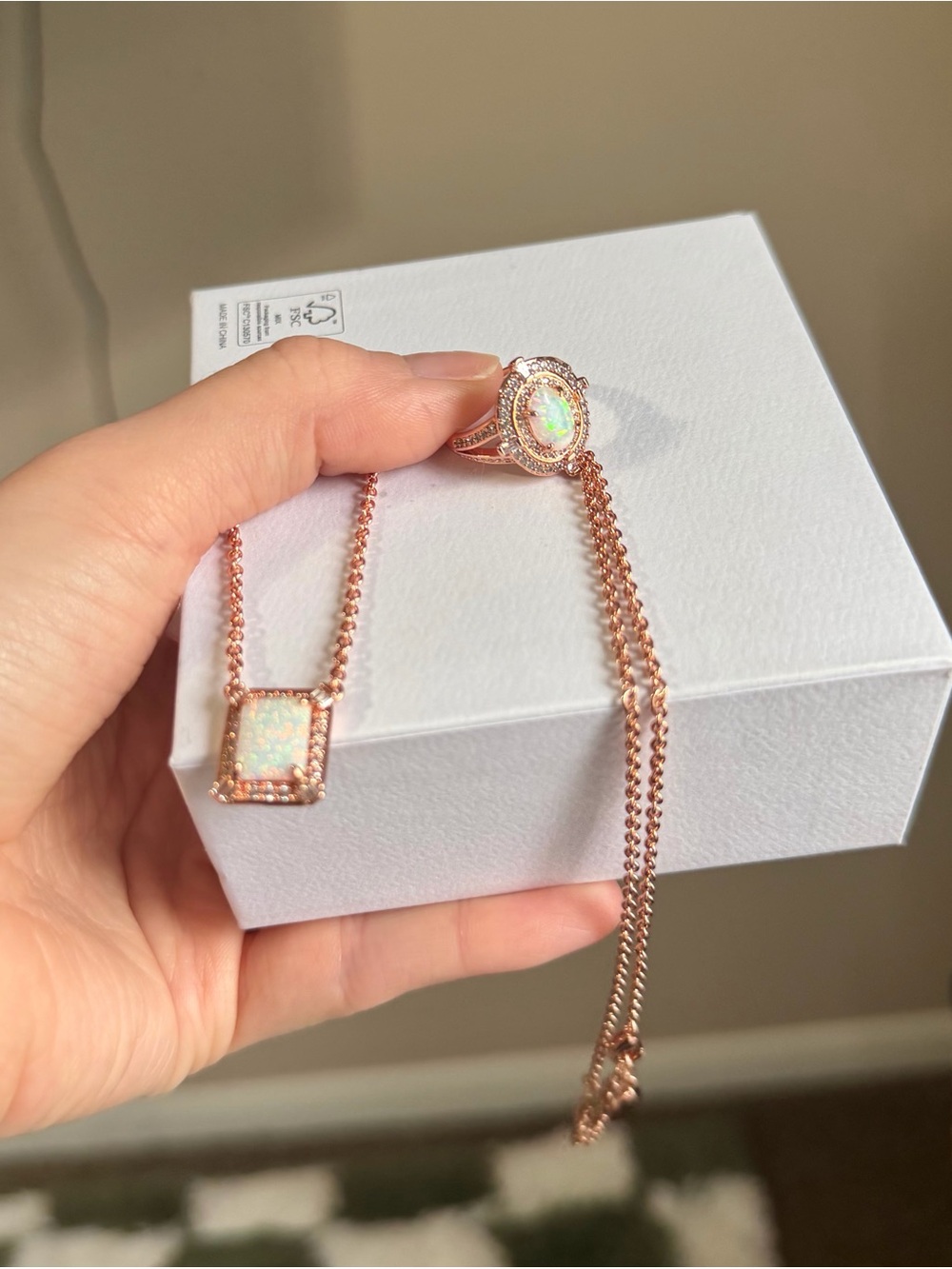 Bomb Party Rose Gold Opal Pendant Necklace and Ring Set